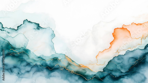 serene and elegant image of abstract watercolor drawing, marbled patterns in teal, white, and orange with delicate gold veining, creates a sophisticated, artistic look.