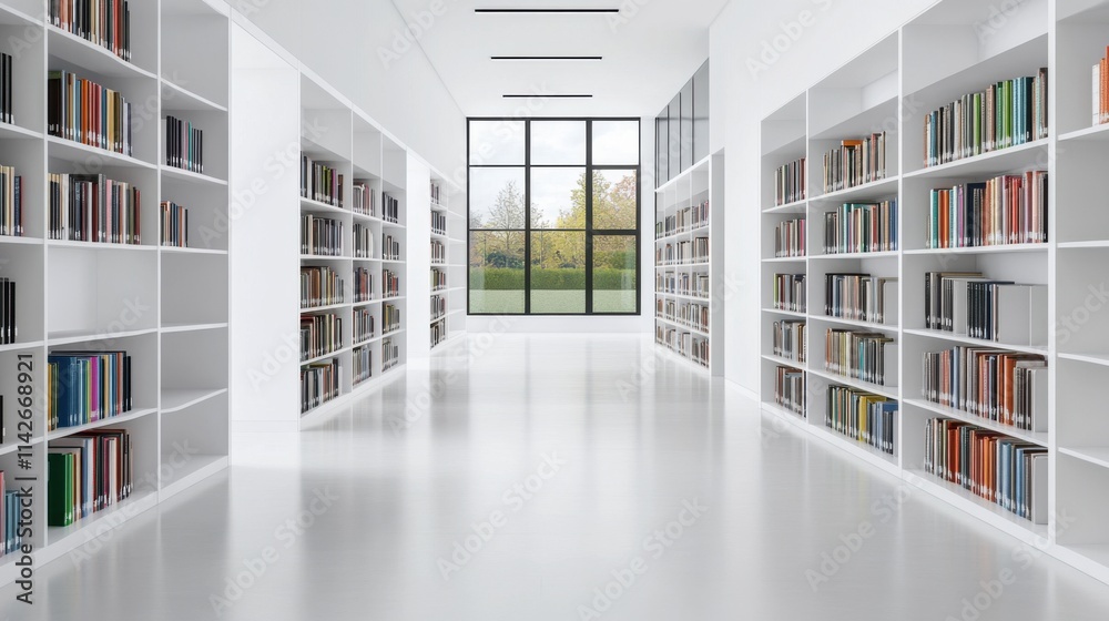 Modern Library Interior with Shelves Full of Books and Large Windows For Natural Light Access Modern Library Interior with Shelves Full of Books and Large Windows For Natural Light Access