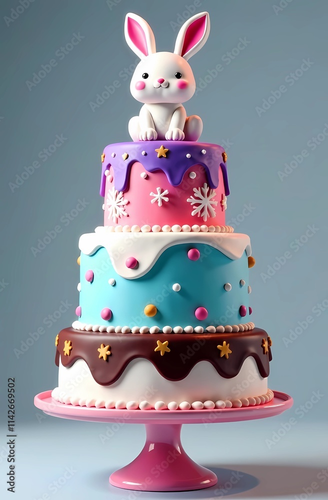 A delicious cake adorned with a cute bunny sitting on top of it