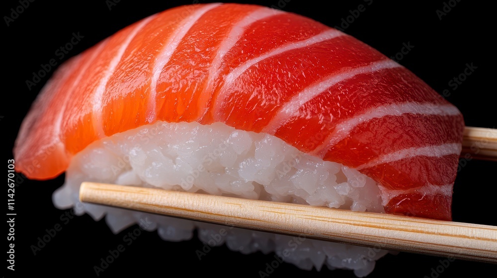 Delicious Salmon Nigiri Sushi on Chopsticks Delicious Salmon Nigiri Sushi on Chopsticks