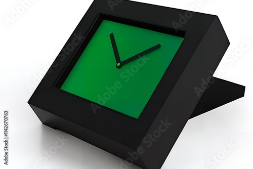 Modern black and green clock displaying time on white background during daylight photo