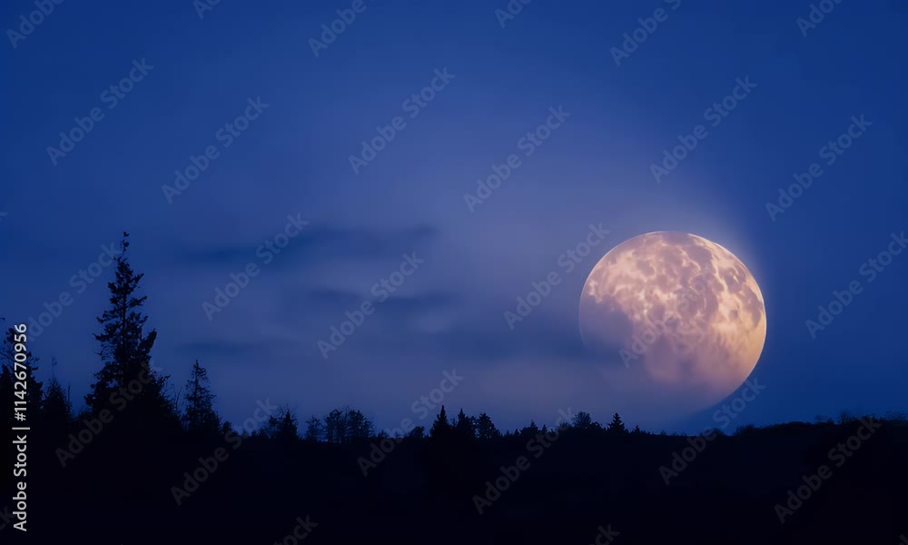A Large, Full Moon Rising Over a Silhouetted Forest at Dusk, with Clouds in the Sky - Night Sky, Moonrise, Nature Photography A Large, Full Moon Rising Over a Silhouetted Forest at Dusk, with Clouds in the Sky - Night Sky, Moonrise, Nature Photography