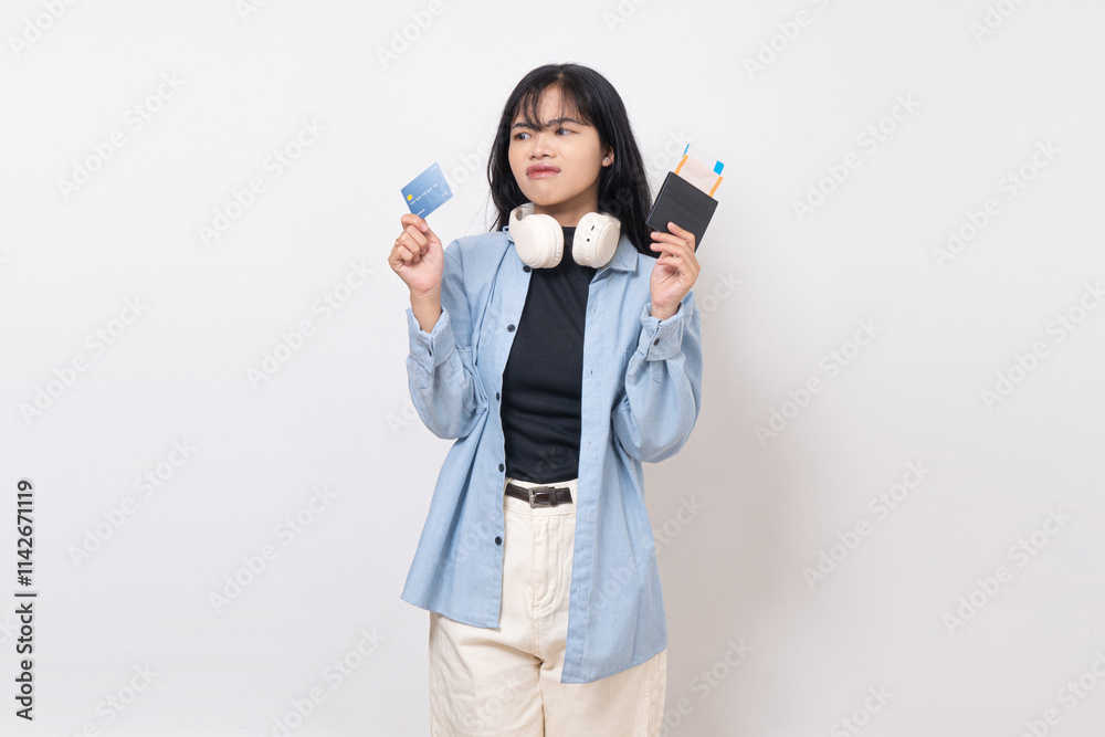 young woman holding credit card and passport, business and lifestyle concept. young woman holding credit card and passport, business and lifestyle concept.