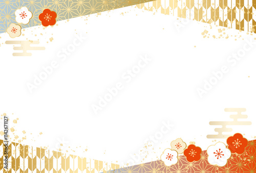 高級感のある 和柄 梅 フレーム 背景 正月 新年 年賀状 2026年