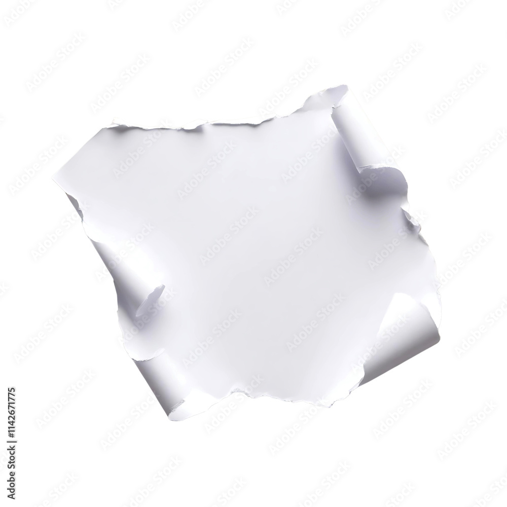 A white torn paper piece isolated on a transparent background.  
