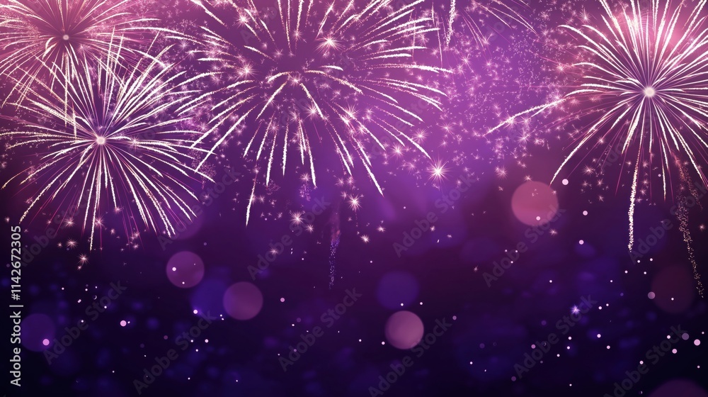 Fototapeta premium Purple fireworks with sparkles and glitter background