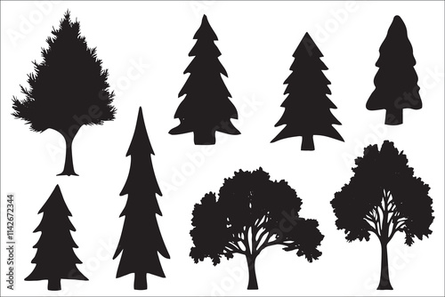 Various black tree silhouettes on white background.