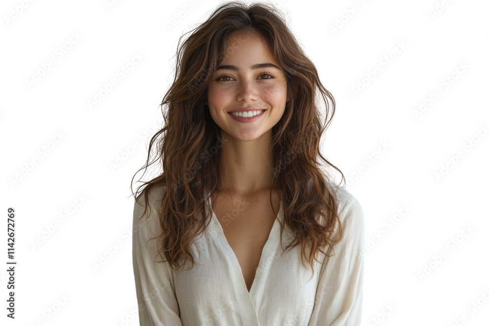 Smiling young woman with long, wavy hair wearing a white shirt, exuding warmth and positivity, against an isolated white background. Smiling young woman with long, wavy hair wearing a white shirt, exuding warmth and positivity, against an isolated white background.