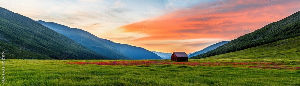 Valley meadow geography concept. A serene landscape featuring a cabin surrounded by lush greenery and mountains at sunset. Valley meadow geography concept. A serene landscape featuring a cabin surrounded by lush greenery and mountains at sunset.
