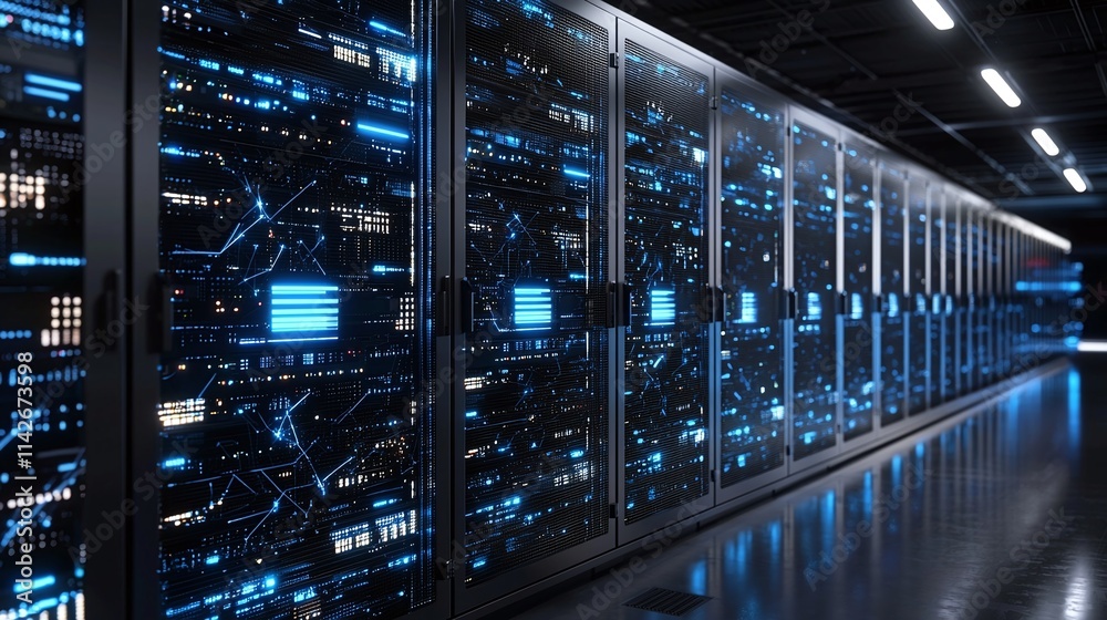 Futuristic Data Center with Blue Lights and High-Tech Servers Futuristic Data Center with Blue Lights and High-Tech Servers