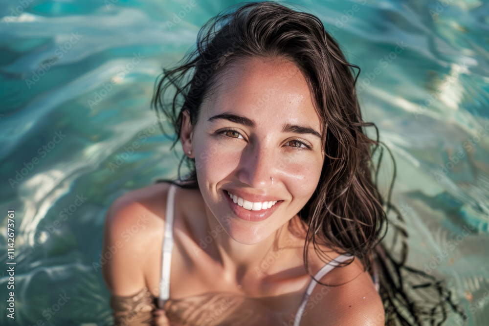 Smiling Woman Enjoying a Swim in Clear Blue Water on a Sunny Day Smiling Woman Enjoying a Swim in Clear Blue Water on a Sunny Day