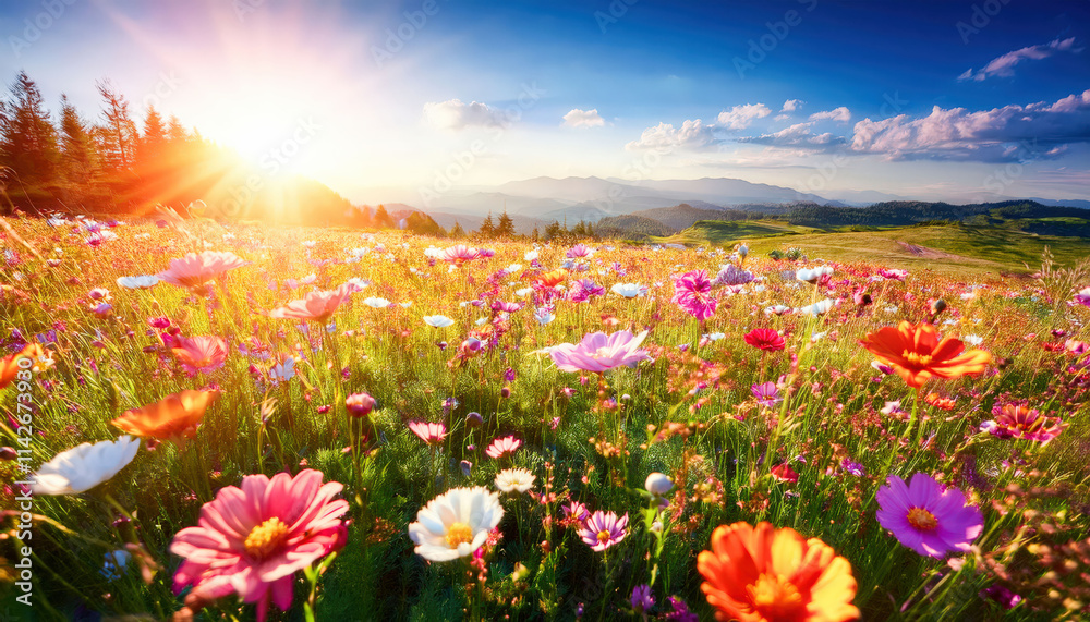 Fototapeta premium A picturesque meadow bursting with colorful flowers under bright spring sunshine, creating a vibrant and cheerful landscape, perfect for nature lovers and outdoor enthusiasts seeking beauty and tranqu