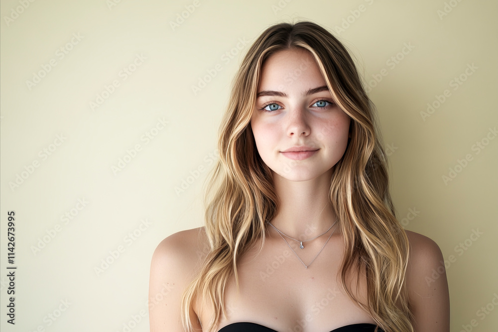 Portrait of a young woman with wavy blonde hair and soft expression against a light neutral background Portrait of a young woman with wavy blonde hair and soft expression against a light neutral background