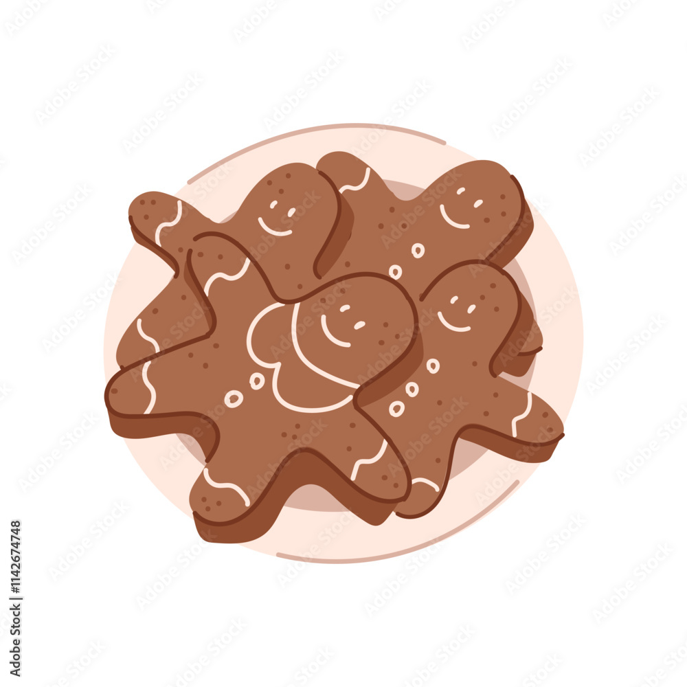 An illustration of a cute plate with gingerbread men biscuits. Christmas cookies for Santa.