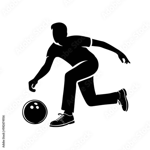 Silhouette of a bowler in action rolling a bowling ball in a black and white illustration