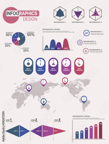 Collection of Infographic Templates - Charts, Diagrams, Flowcharts, World Map, Vector EPS Illustrations