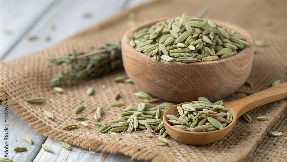 Fennel Seeds (Saunf) – Rustic Display of Greenish Aromatic Spices