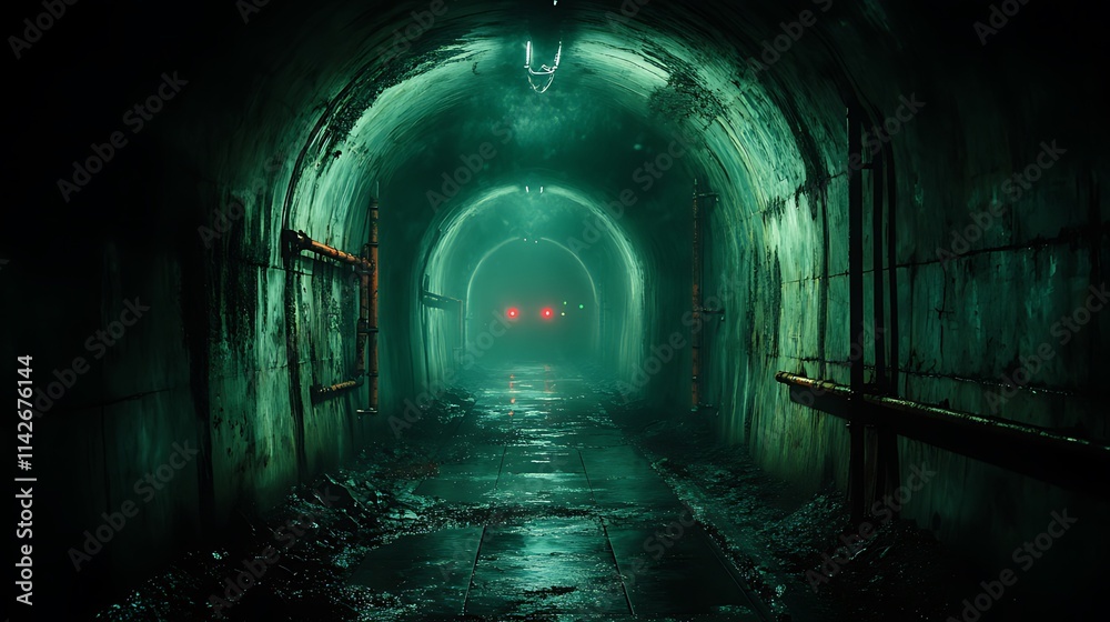 Dark, eerie tunnel with glowing red eyes in the distance. Dark, eerie tunnel with glowing red eyes in the distance.