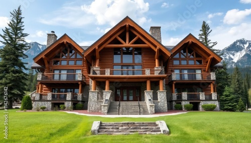 A large log and stone house with mountain views in the background