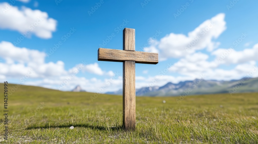 A Peaceful Wooden Cross Standing Tall in a Lush Grassy Field with Majestic Mountains in the Background Under a Bright Clear Blue Sky