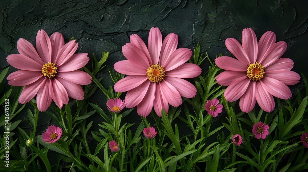 Row of three pink flowers on a green grass Row of three pink flowers on a green grass