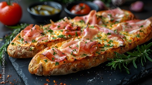 French baguette with ham and cheese on black stone