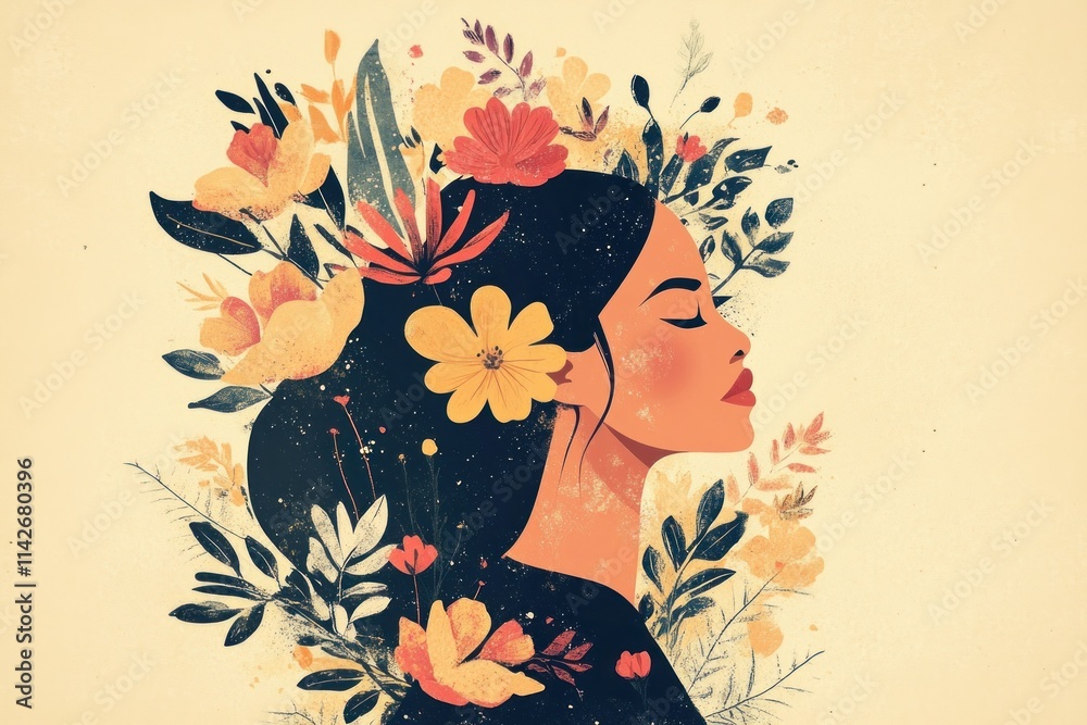 Elegant Profile of a Woman Surrounded by Colorful Florals and Lush Greenery, Celebrating Nature and Feminine Beauty in a Vibrant Artistic Style Elegant Profile of a Woman Surrounded by Colorful Florals and Lush Greenery, Celebrating Nature and Feminine Beauty in a Vibrant Artistic Style