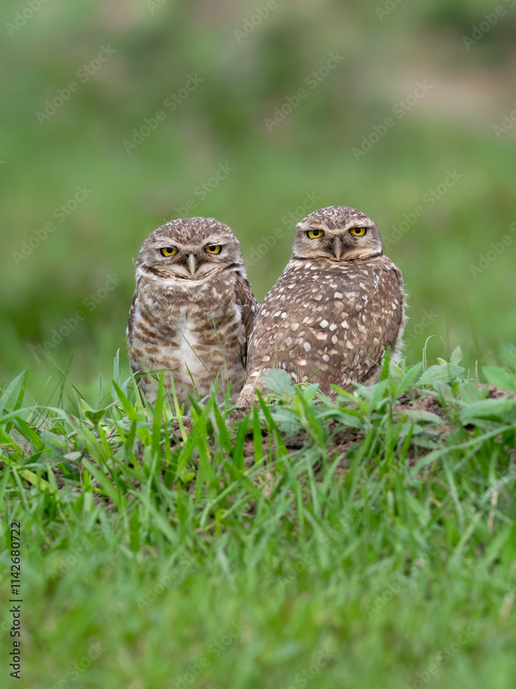 Two Burrowing Owls standing on green grass Two Burrowing Owls standing on green grass