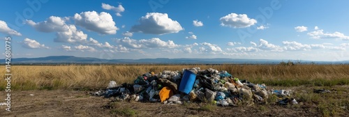 A large garbage heap rests under a vast sky on plains, spotlighting waste issues in natural settings. photo