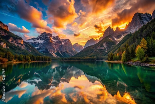 Lago di Landro Silhouette, Dolomites Mountain Sunset, Dramatic Alpine Landscape Photography photo