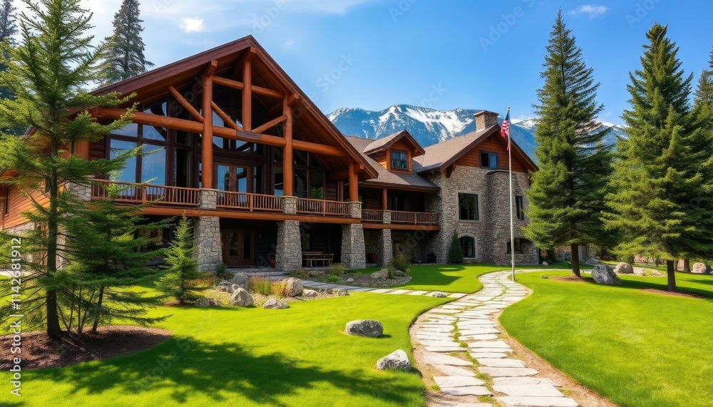 Fototapeta premium Beautiful log and stone home in the mountains