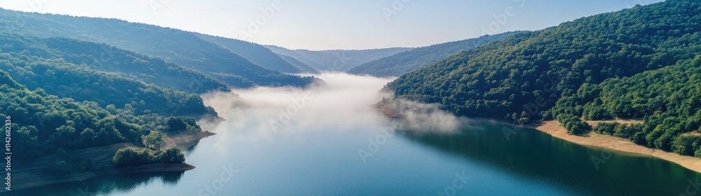 Obraz premium Misty morning river valley landscape.