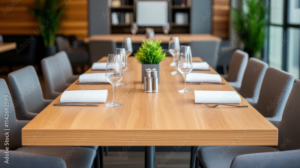 Elegant dining table setup with folded napkins and glassware in modern restaurant interior Elegant dining table setup with folded napkins and glassware in modern restaurant interior