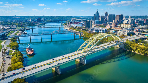 Aerial of Cincinnati Skyline and Daniel Carter Beard Bridge