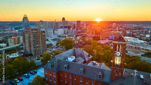 Canvas Print Aerial Cincinnati Skyline at Sunset with Historic Clock Tower