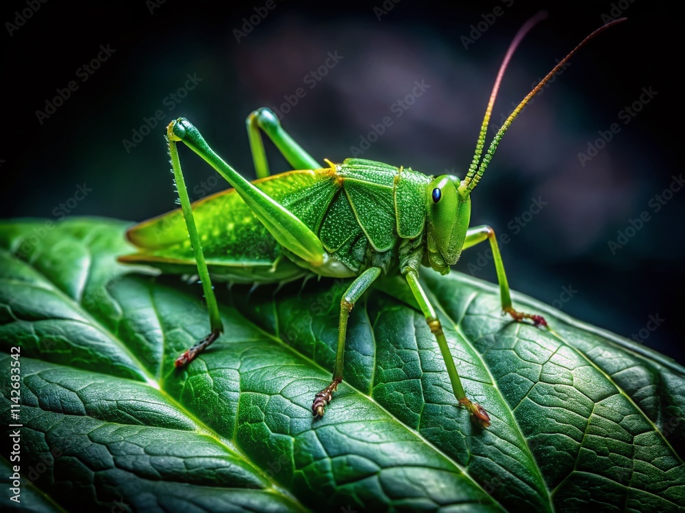 Leaf Insect Macro Photography, Green Bug Closeup, Low Light Insect Photo, Nature Photography, Nighttime Insect Leaf Insect Macro Photography, Green Bug Closeup, Low Light Insect Photo, Nature Photography, Nighttime Insect
