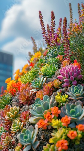 Colorful succulent garden with vibrant flowers against a blue sky in an urban setting showcasing nature's beauty. Generative AI