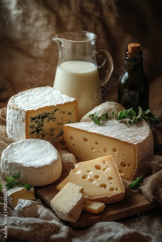 Assortment of artisanal cheeses accompanied by fresh milk in a rustic setting photo