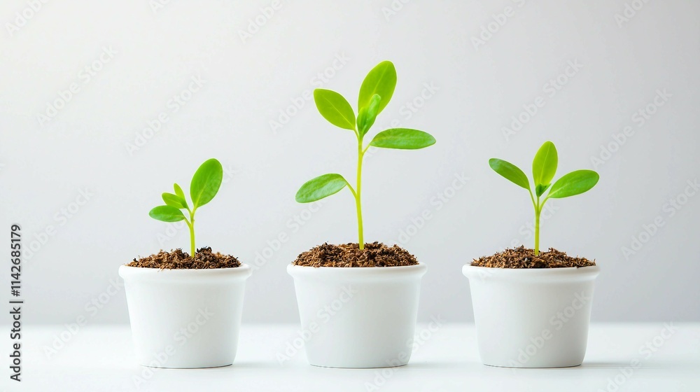 Fresh Green Seedlings Growing in White Pots on Minimalist Background Fresh Green Seedlings Growing in White Pots on Minimalist Background