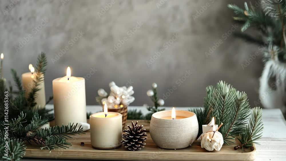 Scandinavian Festive winter ambiance, christmas trees, cozy candles, and hygge decorations arranged on a rustic wooden table