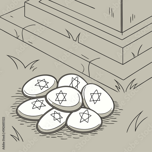 Memorial stones with Star of David at a gravesite illustration. Remembrance of Holocaust victims concept. Ideal for educational materials, memorial events, and social campaigns