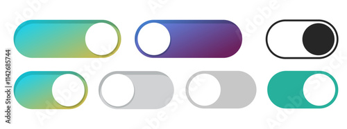 Toggle switch button ui interface element vector, turn on off slider icon graphic illustration set black white green blue color, modern line stroke outline control menu template image clip art
