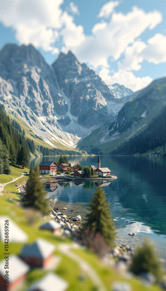 Fototapeta premium Der idyllische Ort Altaussee in den Alpen, low-poly. isolated with white highlights