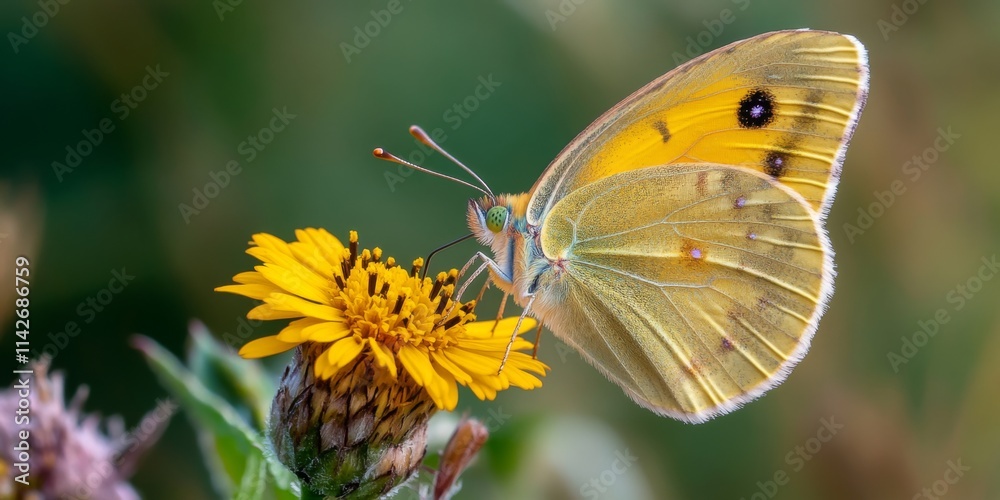Obraz premium A close-up view of a beautiful yellow butterfly perched on a vibrant yellow flower. The image captures the delicate details of nature. It showcases both beauty and harmony in the environment. AI.
