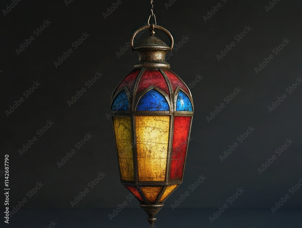 Antique-style hanging lantern with colorful stained glass panels and metallic accents. Antique-style hanging lantern with colorful stained glass panels and metallic accents.