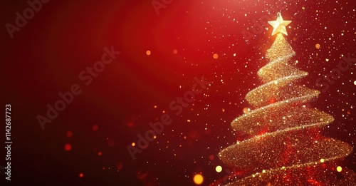 A dark red background featuring a golden Christmas tree with a star and glitter on the right side, offering space for text, perfect for a festive and elegant holiday design