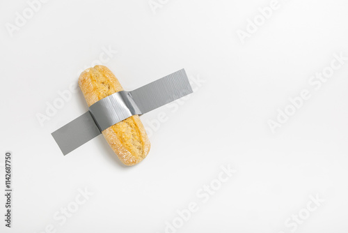 A bread roll is fixed onto a smooth wall with gray duct tape, showcasing a unique approach to conceptual art. The juxtaposition of food and tape invites commentary on everyday objects.
