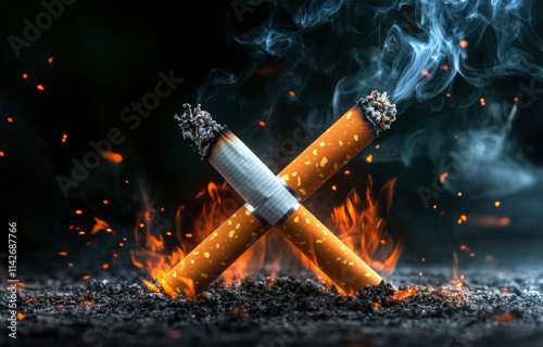 A striking image of two cigarettes crossed, surrounded by fiery embers and smoke, symbolizing the dangers of smoking and the fight against tobacco addiction. photo