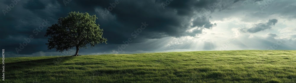 Obraz premium Solitary tree on grassy hill under dramatic sky.