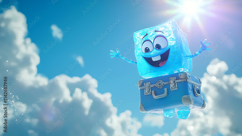 Fototapeta premium Cheerful Ice Cube Character Against a Blue Sky 